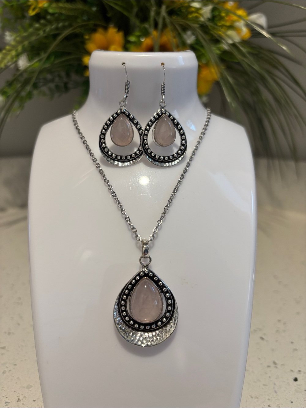 Sterling Teardrop Rose Quartz Pendant Necklace & Earring Set